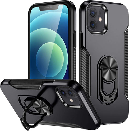 Charlam Compatible with iPhone 12 Case, Compatible with iPhone 12 Pro Case 6.1 Inch 2020 for Men, Scratch-Resistant Shock-Absorbing Protective Bumper Cases Cover with Ring Holder Kickstand, Black