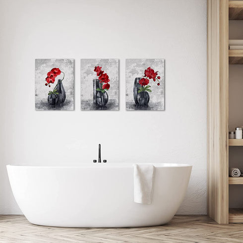 EBENG Flower Wall Decor for Living Room Bathroom Bedroom Kitchen Office Canvas Art Farmhouse Modern Framed Paintings Artwork Home Prints with Wood Fram Size 3 Pieces 12x16 in, Black and Red