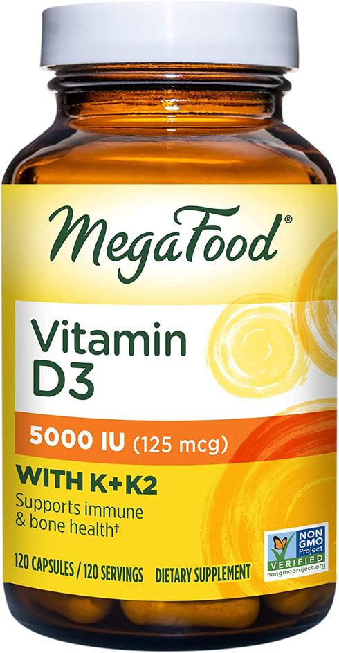 MegaFood Vitamin D3 5000 IU (125 mcg) - Bone Health and Immune Support with Vitamins D3, K, and K2 - Vegetarian, Gluten-Free - Made Without Dairy or Soy - 120 Caps