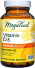 MegaFood Vitamin D3 5000 IU (125 mcg) - Bone Health and Immune Support with Vitamins D3, K, and K2 - Vegetarian, Gluten-Free - Made Without Dairy or Soy - 120 Caps