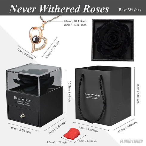 Floridliving Rose with Necklace,Preserved Rose with Heart I Love You Necklace 100 Languages Gift Set,Handmade Forever Rose Flower with Box for Valentine's Day,Wedding Gifts(Black)