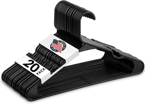 Black Standard Plastic Hangers, Notched, Set of 20 Durable and Slim, Notched, Made in The USA (Black, 20 Pack), Closet Organizer, Pants Hangers