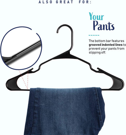 Black Standard Plastic Hangers, Notched, Set of 20 Durable and Slim, Notched, Made in The USA (Black, 20 Pack), Closet Organizer, Pants Hangers