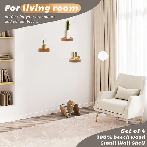 Small Floating Shelf for Wall, 4 Inch Wood Wall Shelves Display Ledges for Small Round Plant Wall Shelf Compact Style Decor Mini Hanging Display Shelves for Bathroom Livingroom Bedroom, Set of 4