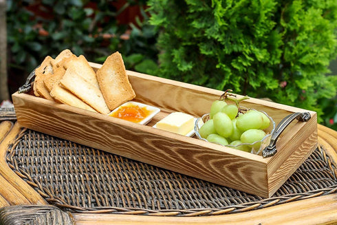 Strova Rectangular Wood Serving Tray with Handles 16 Inch Long Narrow Tray for Serving Wine, Appetizers, Coffee, Condiments, Fruits, and More