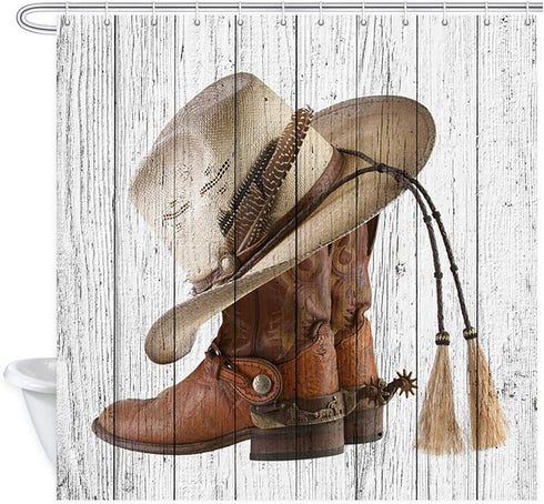 NYMB Western Cowboy Boots Fabric Shower Curtain with Hooks, 3D Digital Printing American Country Farm House Rustic Grey Wooden Barn Door Polyester Bath Curtain, Fabric Bathroom Set Decor, 69X70in