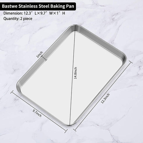 Baking Sheets 2 Pieces, Bastwe Cookie Sheets Set of 2 Stainless Steel Baking Pans Toaster Oven Tray Pans, Rectangle Size 12 × 10 × 1 inch, Rustproof & Healthy & Easy Clean & Dishwasher Safe