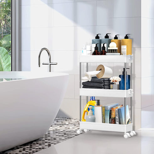 SPACEKEEPER 3 Tier Slim Storage Cart Mobile Shelving Unit Organizer Slide Out Storage Rolling Utility Cart Tower Rack for Kitchen Bathroom Laundry Narrow Places, Plastic & Stainless Steel, White