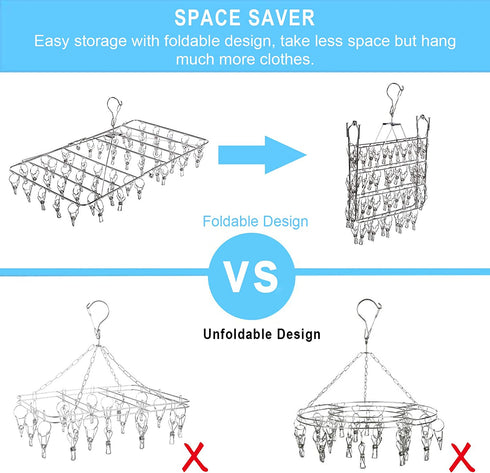 Stainless Steel Folding Clothes Drying Racks Laundry Drip Hanger Laundry Clothesline Hanging Rack Swivel Windproof Hook for Sock Set of 52 Metal Clothespins