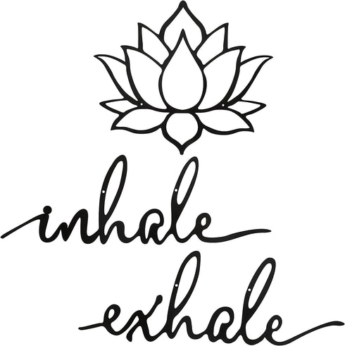 3 Pieces Inhale Exhale Wall Art Lotus Flower Wall Art Yoga Zen Sign Decorative Black Flower Sculpture Meditation Decoration Spiritual Decor for Living Room Bedroom Yoga Decor (Metal)