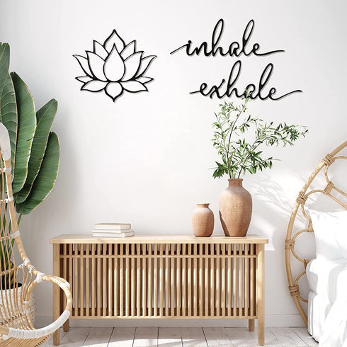 3 Pieces Inhale Exhale Wall Art Lotus Flower Wall Art Yoga Zen Sign Decorative Black Flower Sculpture Meditation Decoration Spiritual Decor for Living Room Bedroom Yoga Decor (Metal)