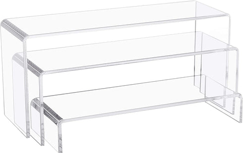 Jusalpha 3 PC Large Clear Acrylic Riser Set, Acrylic Display Risers Shelf Showcase Fixtures for Jewelry, Display Stand for Amiibo Funko POP Figures, Cupcakes, Food Display, Cabinet- 10 x 3.9 x 3.9 in