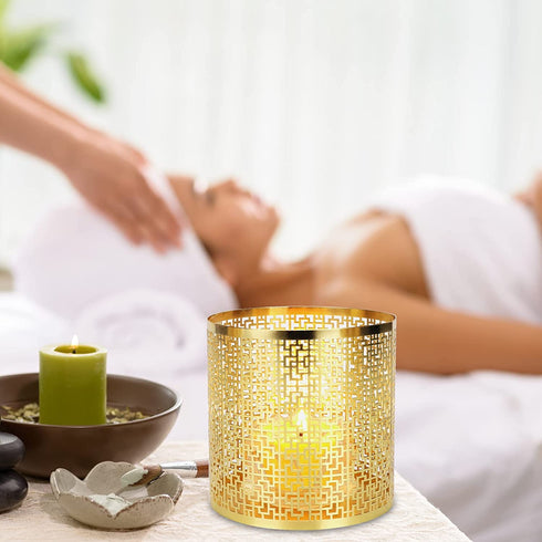 Metal Candle Holders Set of 3 Gold Pillar Candle Holder Tea Light Hurricane Votive Candle Holders for Wedding Decor, Home Decor, Birthday Decor, Party Decor, Window sash Pattern