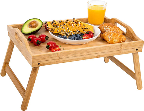 Bamboo Bed Tray,Breakfast Tray with Folding Legs Serving Tray with Carrying Handles Portable Lap Tray Lightweight Decorative Tray Food Tray for Breakfast in Bed,Reading or Working (17.1 Inch)