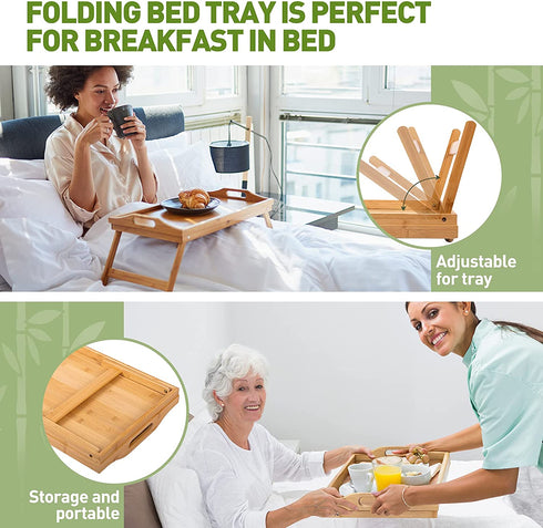 Bamboo Bed Tray,Breakfast Tray with Folding Legs Serving Tray with Carrying Handles Portable Lap Tray Lightweight Decorative Tray Food Tray for Breakfast in Bed,Reading or Working (17.1 Inch)