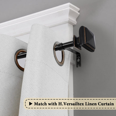 H.VERSAILTEX Window Curtain Rods for Windows 48 to 84 Inches Adjusts Decorative 3/4 Inch Diameter Single Window Curtain Rod Set with West Square Classic Finials, Black with Antique Bronze Finishing