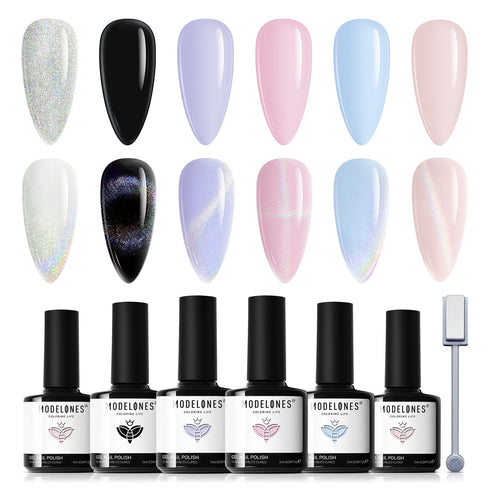 Modelones Holographic Gel Nail Polish Set 6 Colors, Iridescent Pastel Winter Rainbow 9D Cat Eye Magnetic Glitter Manicure Kit Soft Nude Pink Blue Purple Black Shimmer Effect at Home Gifts for Women Girls