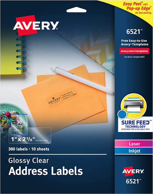 Avery 6521 Glossy Crystal Clear Address Labels for Laser & Inkjet Printers, 1" x 2-5/8", 300 Labels