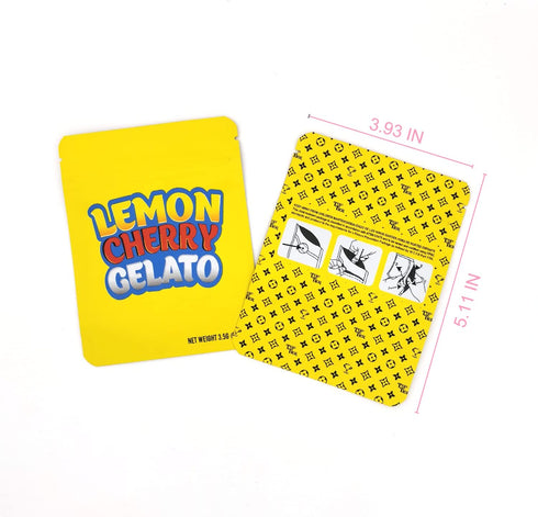 GetaYa 25PCS Mylar Bags, Resealable Zip Lock Smell Proof Bags for Food Storage, Packaging, Stand Up Foil Pouch Edible Bags For Candy, Cookie, Beans, Snack 3.5g (Lemon Cherry Gelato)