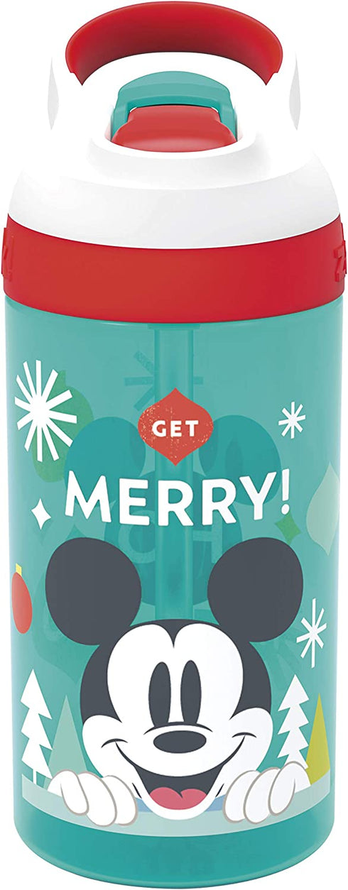 Zak Designs Disney Kids Water Bottle with Straw and Built in Carrying Loop Made of Durable Plastic, Leak-Proof Design (16 oz, Mickey Mouse)