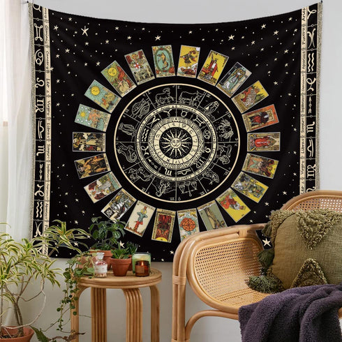 Sun Constellation and Star Tarot Card Tapestry - Bohemian Astrology Tapestries Zodiac Wall Hanging for Home Bedroom Aesthetic Wall Art Decor Black Tapestry