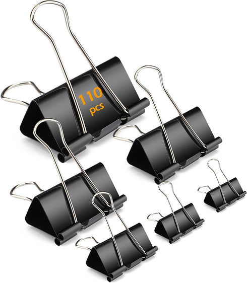 Wiltop 110 Pcs Binder Clips Metal Paper Clamps Black Set Assorted Sizes, Jumbo, Large, Medium, Small, Mini and Micro, 6 Sizes for Office, School and Home