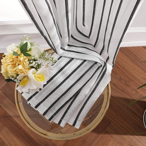 MIULEE Bedroom White Sheer Curtains Striped Linen Textured Window Treatment Drapes Grommet Top for Living Room, W52 x L63 Black Stripe 2 Panels