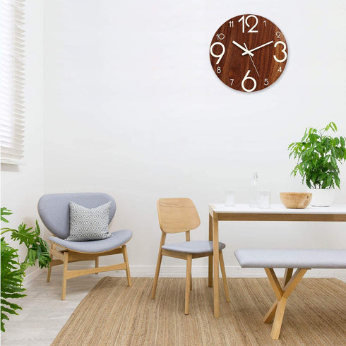 Plumeet Luminous Wall Clock - 12'' Non-Ticking Silent Wooden Clocks with Night Light - Large Decorative Wall Clock for Kitchen Office Bedroom,Battery Operated (Brown Face)