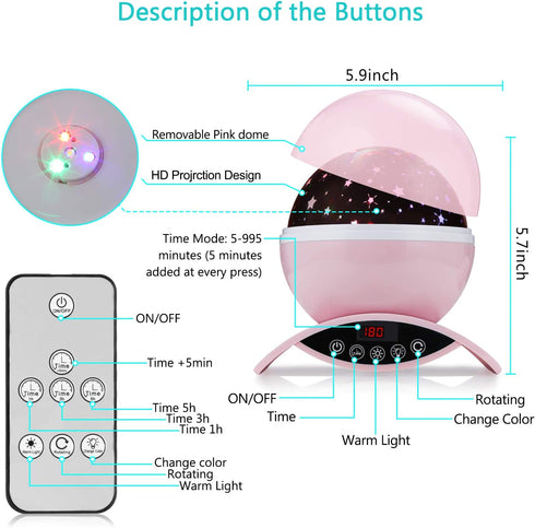 Elecstars Night Lights, Rechargeable Star Projector with Remote Control and Timer Auto Off Design, Rotating Projection Lighting Lamp, Room Decor (Pink)