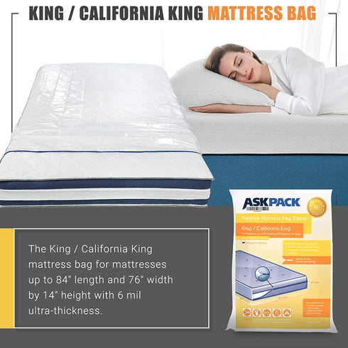 King/California King - Mattress Bag Enhanced with Zipper 6 mil Ultra Thick for Moving & Long-Term Storage - Tear Resistant and Waterproof - Ultra Heavy Duty