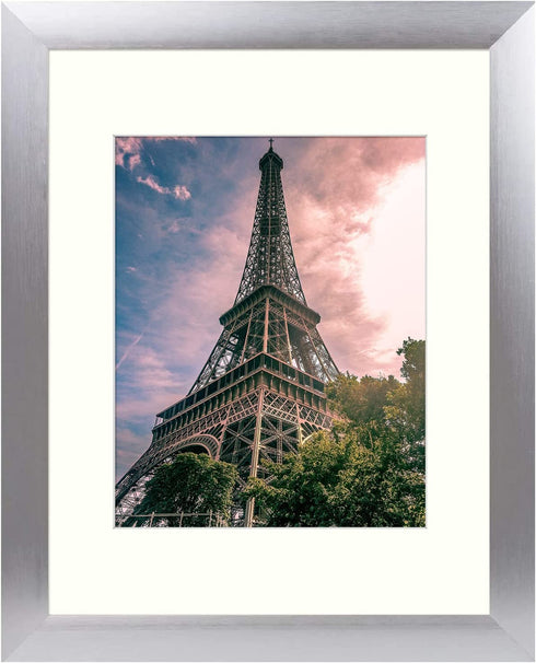 Golden State Art, 11x14 Brushed Aluminum Frame with Ivory Mat for 8x10 Picture - Wide Molding- Swivel Tabs, Sawtooth Hangers - Wall Display (Satin Silver, 1 Pack)