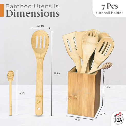 IGA - Organic Bamboo Cooking Utensils Set Spoons, Spatulas With Holder For High Heat Resistant In Nonstick Pots, Pans & Cast Irons Skillets (8-Piece Set) Great Gift Idea For Everyday Use