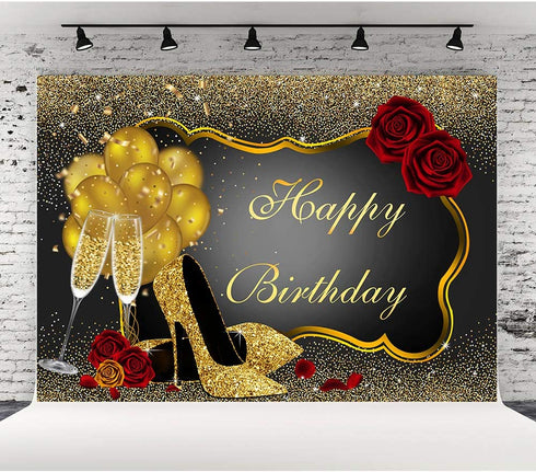 10x7ft Glitter Golden and Black Birthday Photography Backdrop Red Rose Floral Champagnes Glass Balloons Party Background for Adult Women Happy Birthday Party Decorations Photo Booth Props