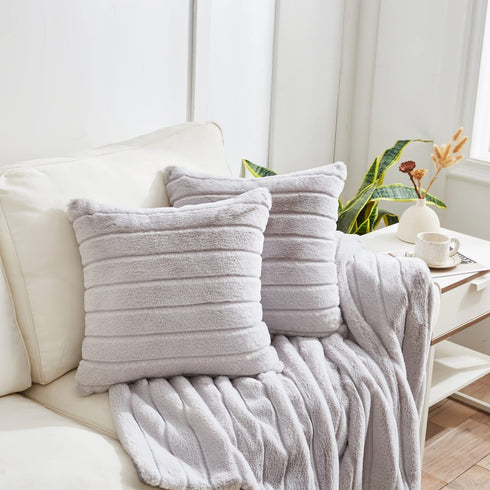 Decorative Faux Fur Throw Pillow Case Set of 2 Best Gift to Mom on Mother's Day Fuzzy Striped Cushion Cover for Sofa Couch Bedroom Car, 20"x 20", Grey