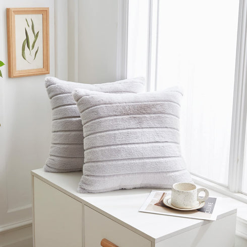 Decorative Faux Fur Throw Pillow Case Set of 2 Best Gift to Mom on Mother's Day Fuzzy Striped Cushion Cover for Sofa Couch Bedroom Car, 20"x 20", Grey