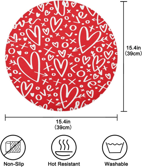 Blueangle Red Hearts and Arrows Round Placemats Set of 6, Kitchen Dining Table Valentine's Day Decoration