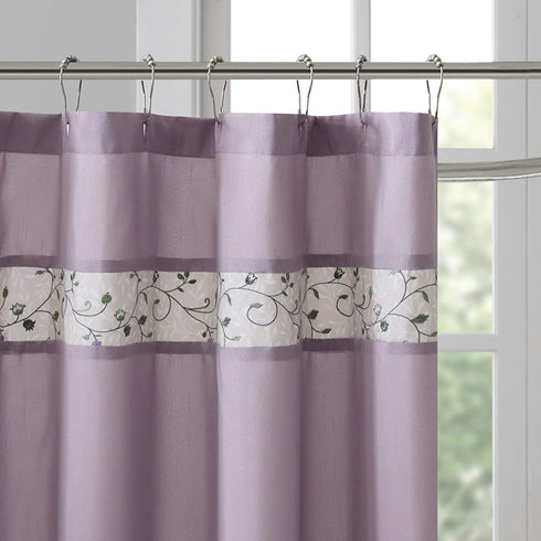 Serene Flora Fabric Shower Curtain , Embroidered Transitional Shower Curtains for Bathroom , 72 X 72 , Purple