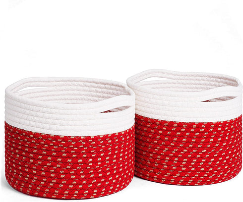 LixinJu Small Baskets for Organizing Small Woven Basket Set of 2 Red Small Rope Basket Set with Handle for Toy Cotton Round Storage Kids Baby Dog Cat Gifts, 9.5"x9.5"x7"