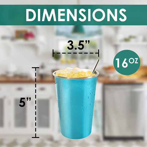 ABGOODS Premium Pint Stainless Steel Cups for Kids and Adults 16 oz - Drinking Glasses Made of Material Indoor Outdoor Activities Four with Cleaning brushes & Straws in a Clear Pack