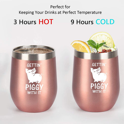 Gingprous Pig Swine Lover Gifts on Christmas Birthday, Gettin' Piggy With It Cute Funny Wine Tumbler with Pig, 12 Oz Stainless Steel Insulated Wine Tumbler with Lid and Straw, Rose Gold