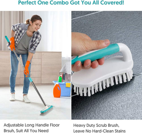 MEXERRIS Scrub Brush with Floor Scrubber Deck Brush Long Handle Combo Cleaning Kits, Stiff Bristles Durable Scrubbing Grout Brushes for Carpet Bathroom, Shower, Sink, Bathtub, Tile, Kitchen Surface