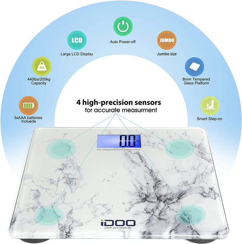 iDOO Bathroom Scale, Highly Accurate Smart Digital Body Weight Scale with Large LED Backlit Display, Marble and Round Corner Design, Measures Weight up to 440 Pounds, Batteries Included