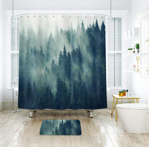 LIGHTINHOME Misty Forest Shower Curtain 60Wx72H Inch Nature Pine Trees Scenic Foggy Mountain Cool Woodsy Landscape Woodland Men Fabric Waterproof Bathroom Home Decor 12 Plastic Hooks
