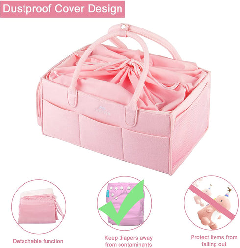 Diaper Caddy Organizer, Baby Basket Nursery Storage Bin with Dustproof Cover for Changing Table, Large Portable Car Organizer for Wipes, Bottle, Diapers, Shower, Newborn Girl & Boy Gifts, Pink