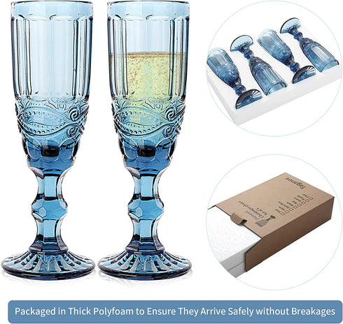 Champagne Glasses set of 4 Cheers Champagne Flutes 5 oz for Wedding Party Anniversary Christmas Vintage Pattern Embossed Premium Glass 150 ml (Blue)