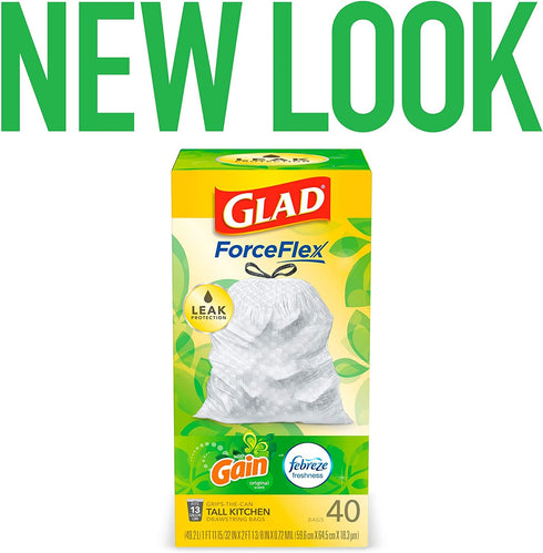 Glad® ForceFlex Tall Kitchen Drawstring Trash Bags 13 Gallon White Trash Bag, Gain Original scent with Febreze Freshness 40 Count (Package May Vary)