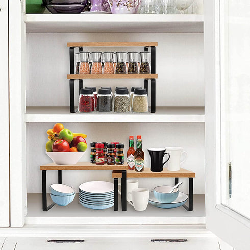 Spice Rack Organizer for Cabinet, Kitchen Countertop Shelf Organizer Rack, Pantry Bedroom Bathroom Office Storage Rack, Stackable, Expandable, Metal and Wood, Brown, 2Pack