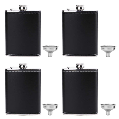 Suwimut 4 Pack Hip Flask for Liquor, 8 oz Stainless Steel Leakproof Leather Cover Pocket Flask with Funnels for Men Drinking Alcohol, Whiskey, Rum and Vodka