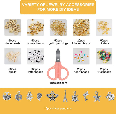 6000Pcs Clay Beads Kit, Heishi Beads for Jewelry Making, 24 Colors Flat Beads 6mm Polymer Clay Spacer Beads, Necklace Bracelet Making Kit with Pendant Charms Kit, Letter Beads, Fruit Beads, Jump Rings