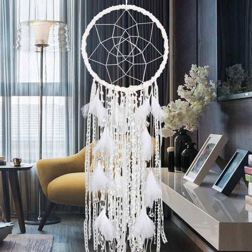 Alynsehom Extra Large Dream Catcher Kids Wall Hanging Decoration Handmade White Feather Boho Big Dreamcatchers with Bells Wedding Dream Catchers Bedroom Craft Ornament Gift (Dia 12", Length 41")